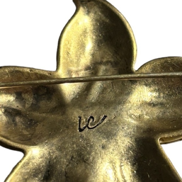 Sea Star / Starfish Brooch Gold & White Seed Beads Tiger Eye Center Stone Signed - Picture 4 of 6